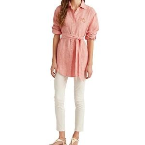 Lauren Ralph Lauren Striped Logo Linen
Tie Waist Button Front Shirt